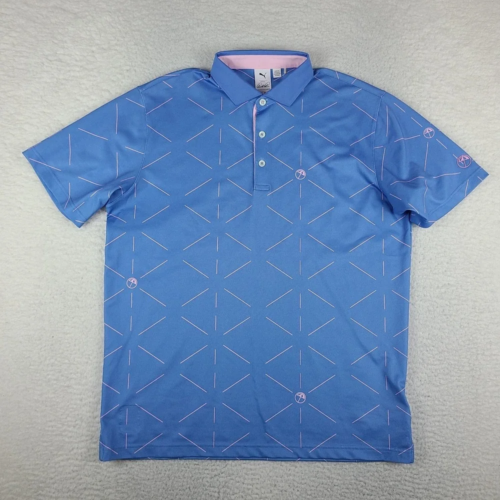 PUMA Arnold Palmer Polo Shirt Mens Large Blue Pink Performance Golf Short Sleeve